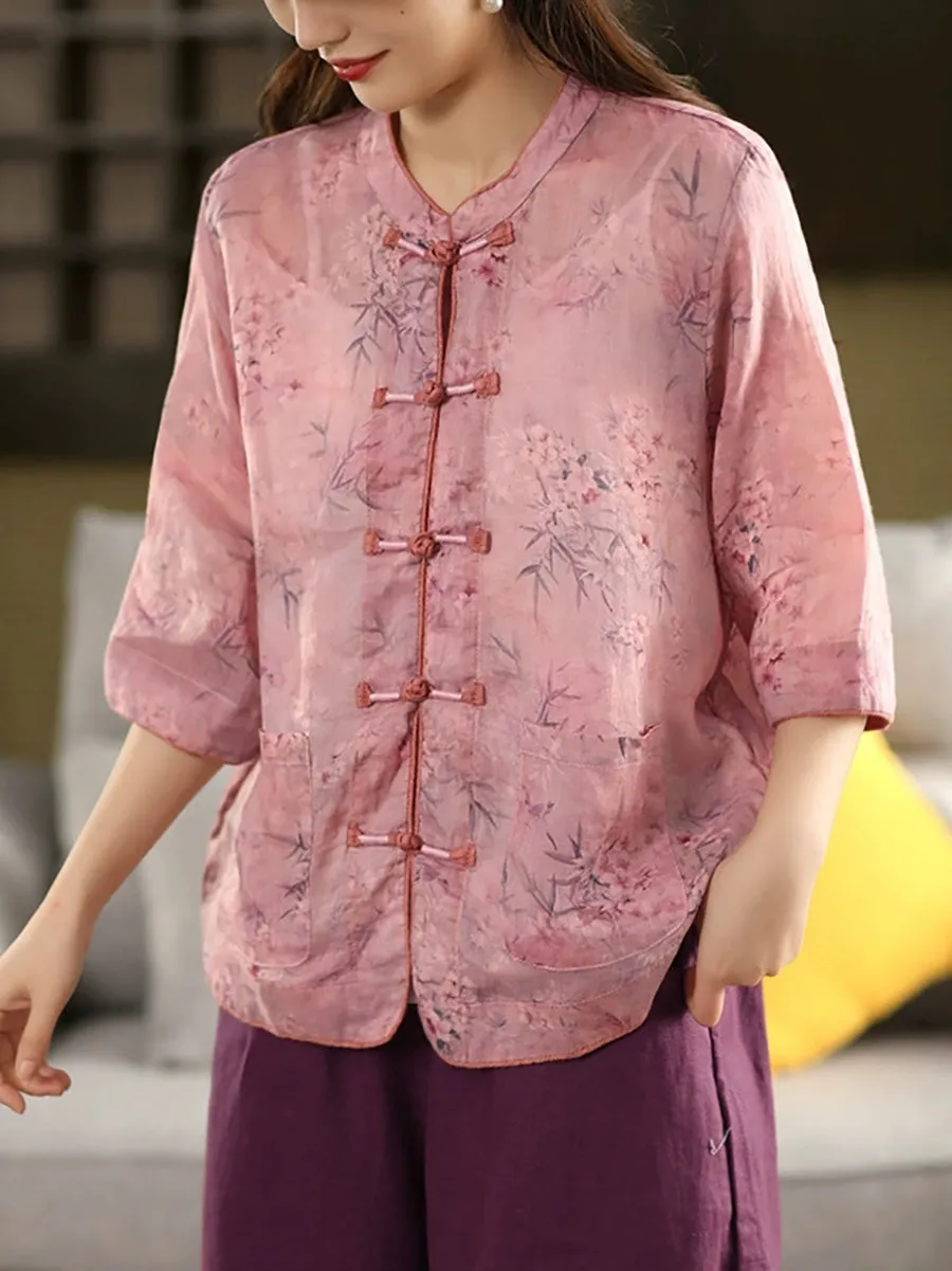 Women Summer Ethnic Stand Collar Flower 100%Ramie Shirt
