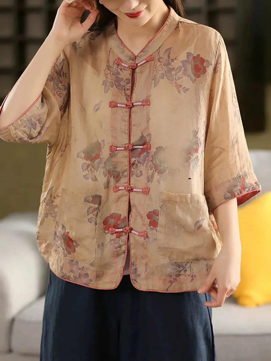 Women Summer Ethnic Stand Collar Flower 100%Ramie Shirt