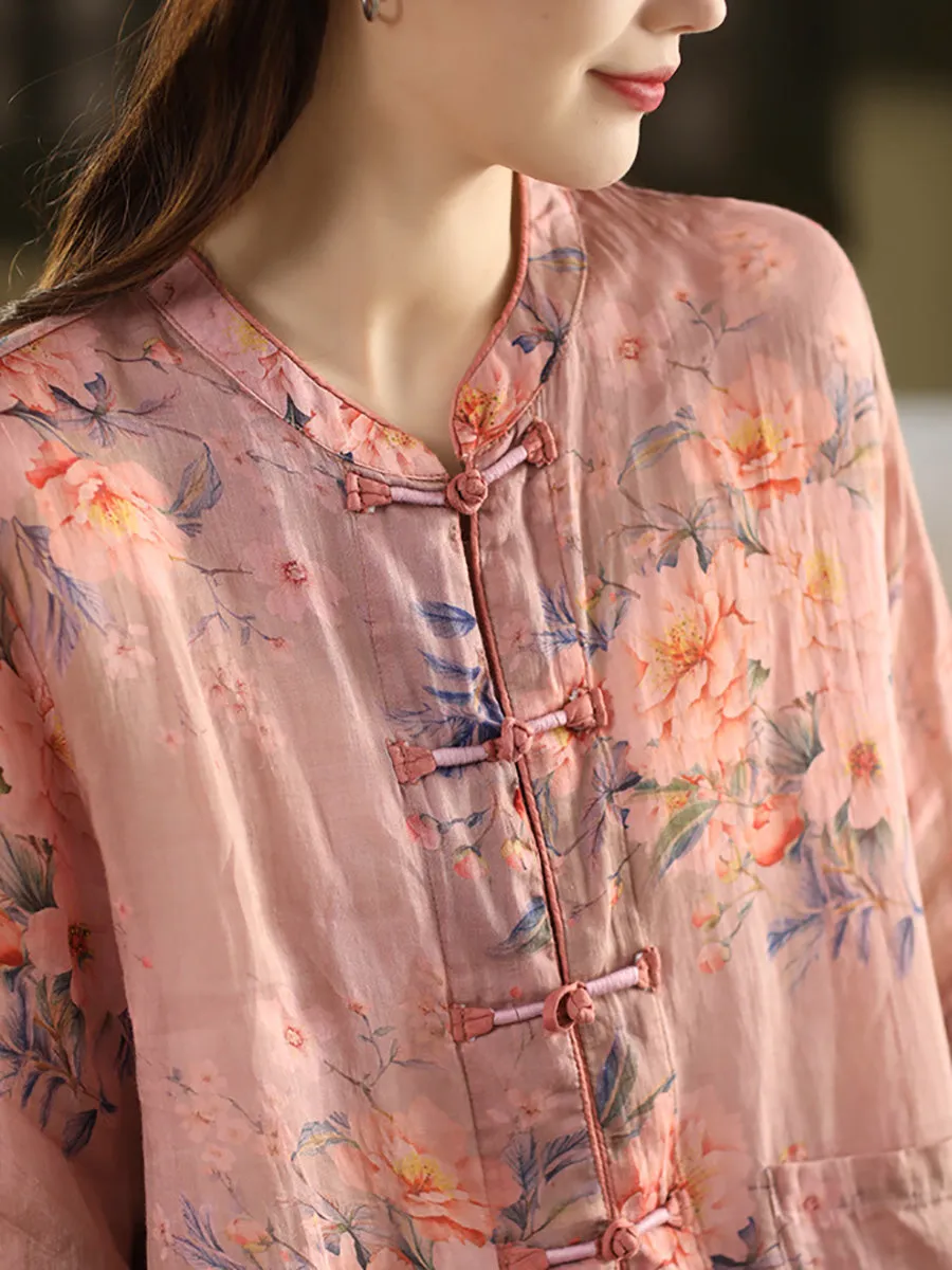 Women Summer Ethnic Stand Collar Flower 100%Ramie Shirt
