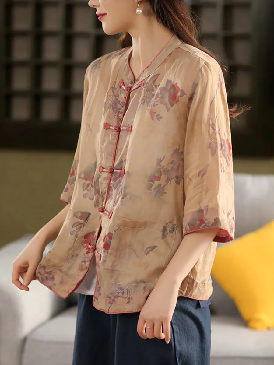 Women Summer Ethnic Stand Collar Flower 100%Ramie Shirt