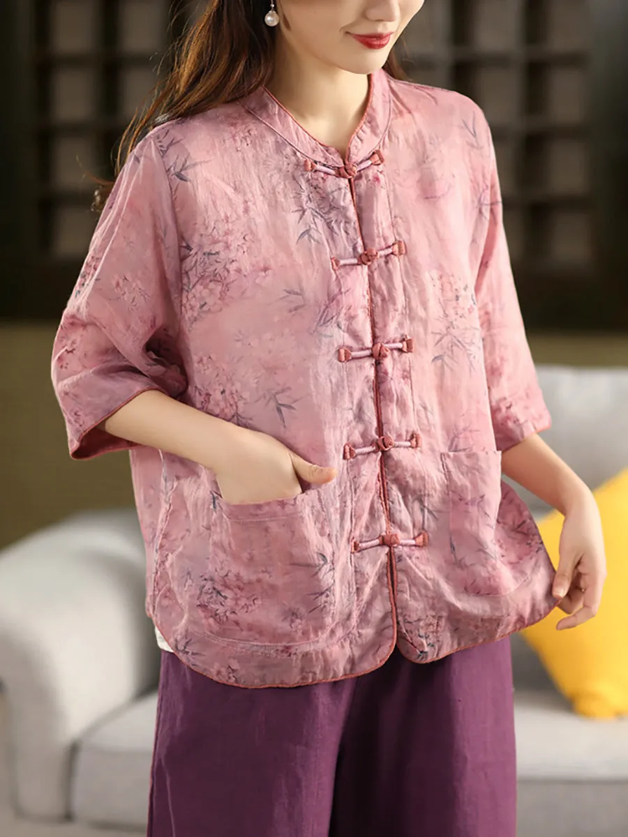 Women Summer Ethnic Stand Collar Flower 100%Ramie Shirt