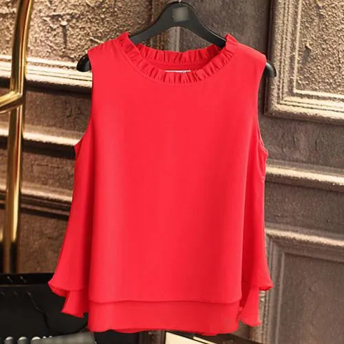 Women Tops Sleeveless Blouses Plus Size Loose Ruffle White Shirt Fashion Chiffon Blouse For Women