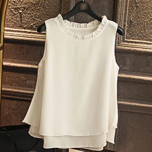 Women Tops Sleeveless Blouses Plus Size Loose Ruffle White Shirt Fashion Chiffon Blouse For Women