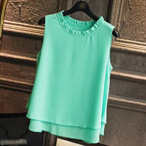 Women Tops Sleeveless Blouses Plus Size Loose Ruffle White Shirt Fashion Chiffon Blouse For Women