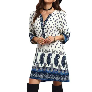 Womens Dress Autumn Long Sleeve Floral Tribal Printed Vintage Dresses Bohemian Fashion Casual Dress Women Clothing Vestido
