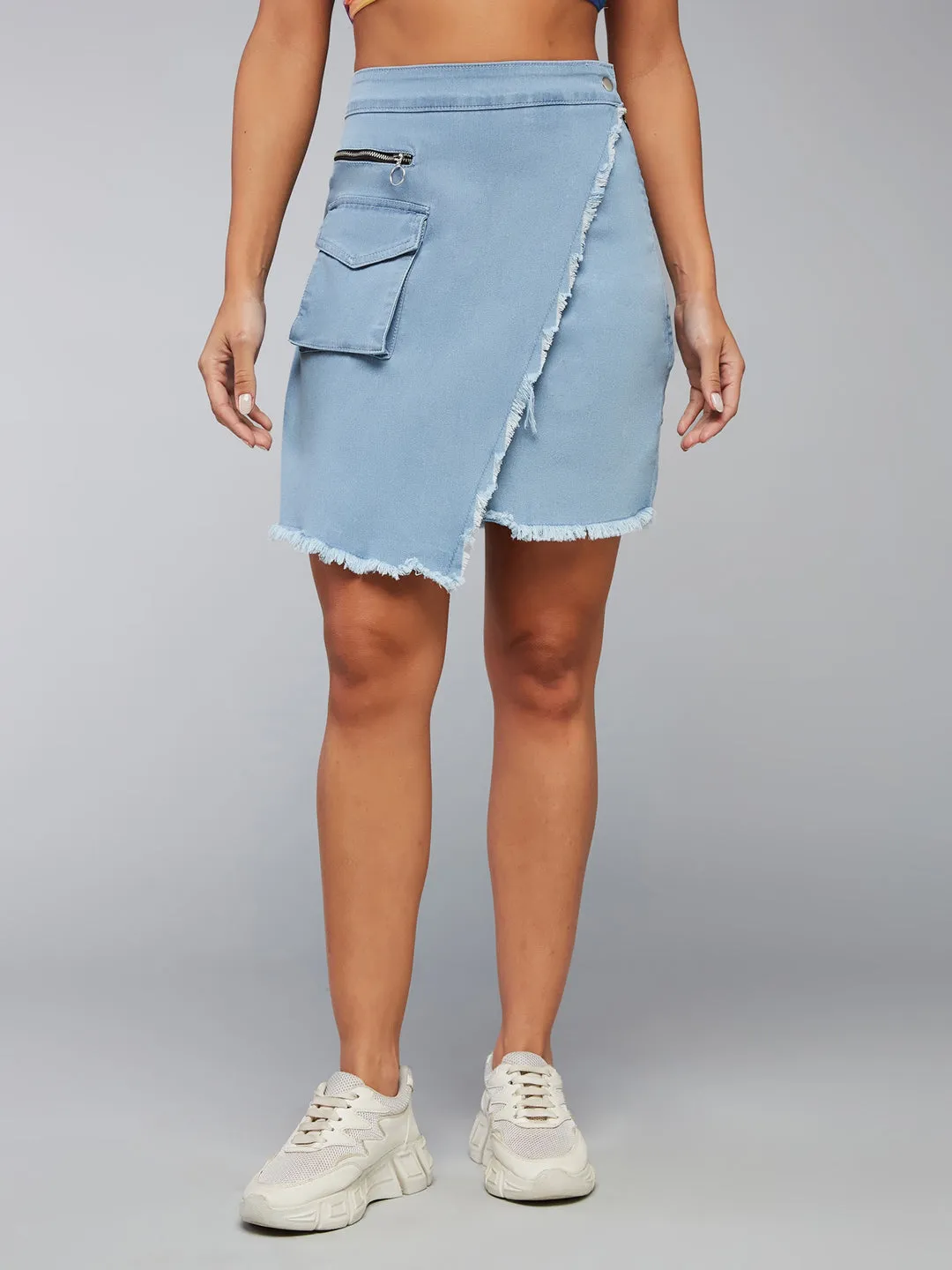 Women's Light Blue High-Rise Above Knee Stretchable Denim Skirt