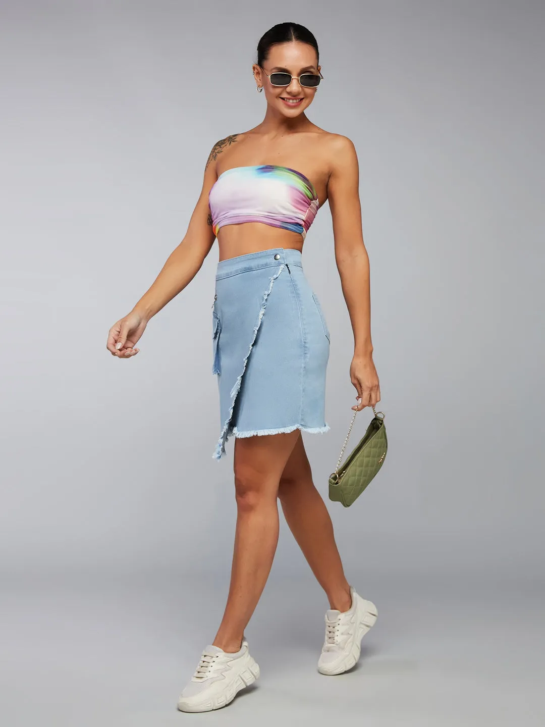 Women's Light Blue High-Rise Above Knee Stretchable Denim Skirt
