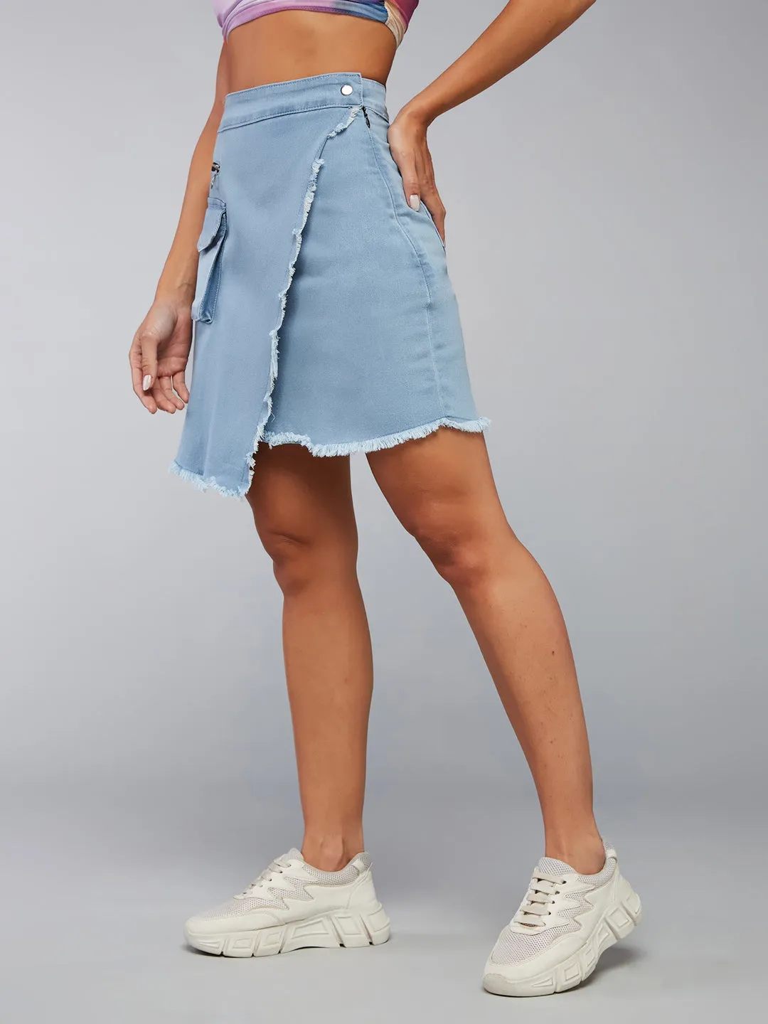 Women's Light Blue High-Rise Above Knee Stretchable Denim Skirt