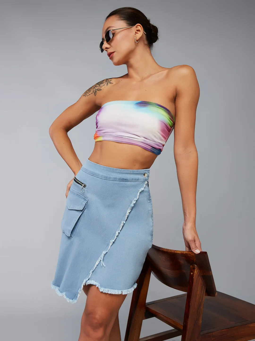 Women's Light Blue High-Rise Above Knee Stretchable Denim Skirt