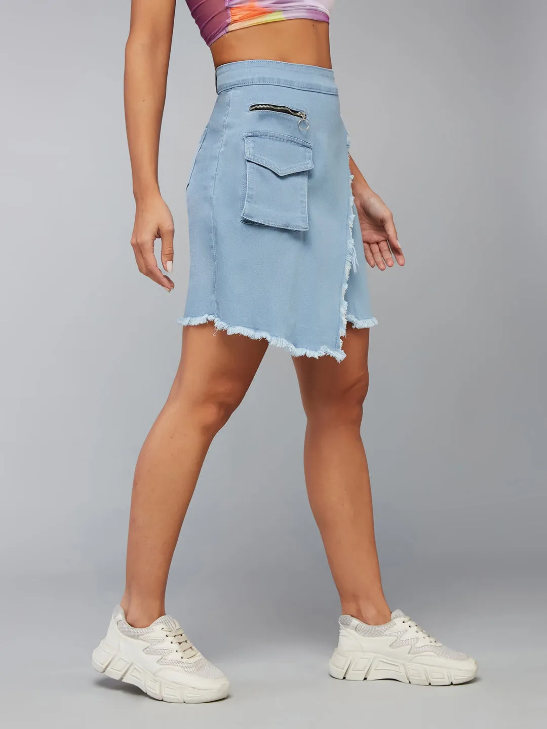 Women's Light Blue High-Rise Above Knee Stretchable Denim Skirt
