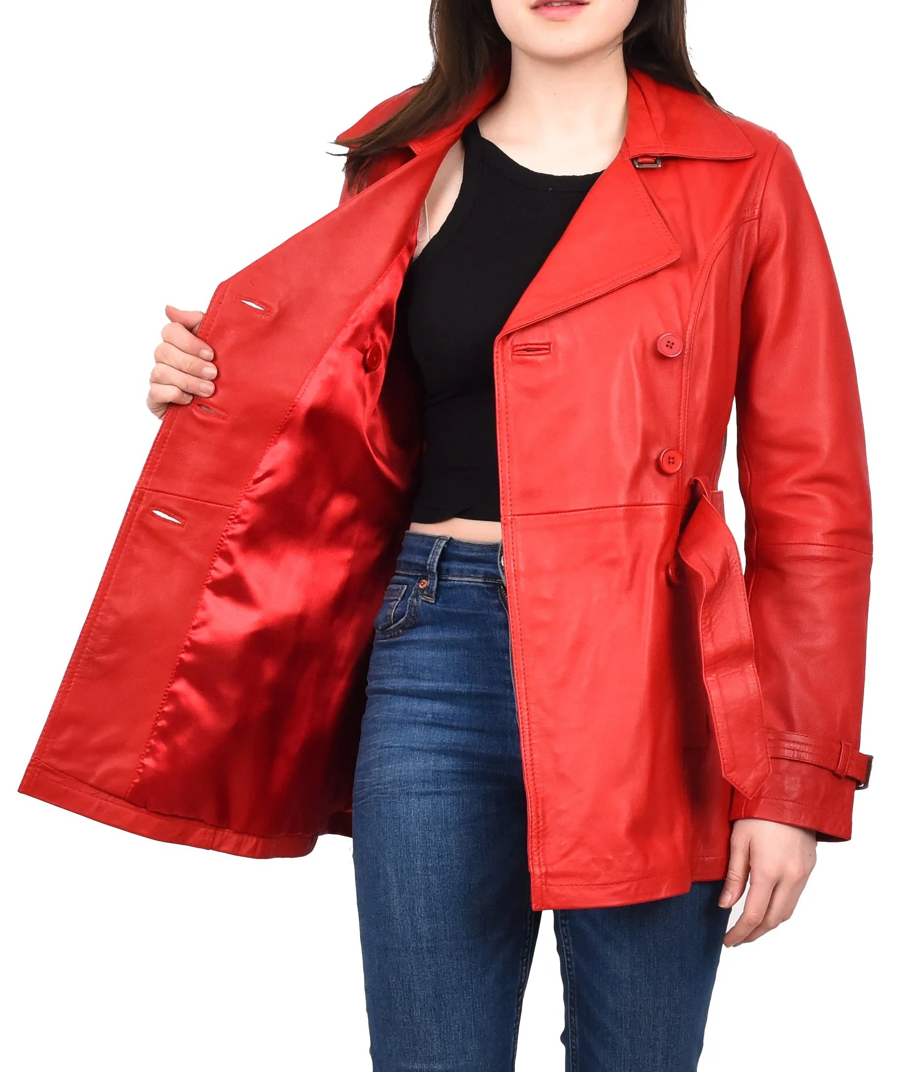 Women's Real Leather Buttoned Coat With Belt Red GlamTrench