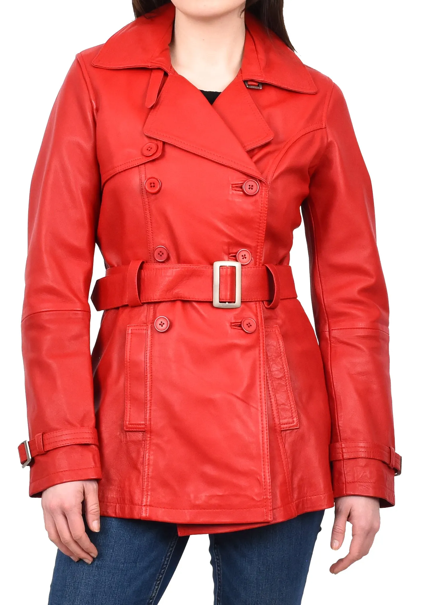 Women's Real Leather Buttoned Coat With Belt Red GlamTrench
