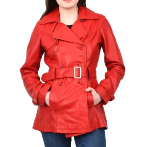 Women's Real Leather Buttoned Coat With Belt Red GlamTrench