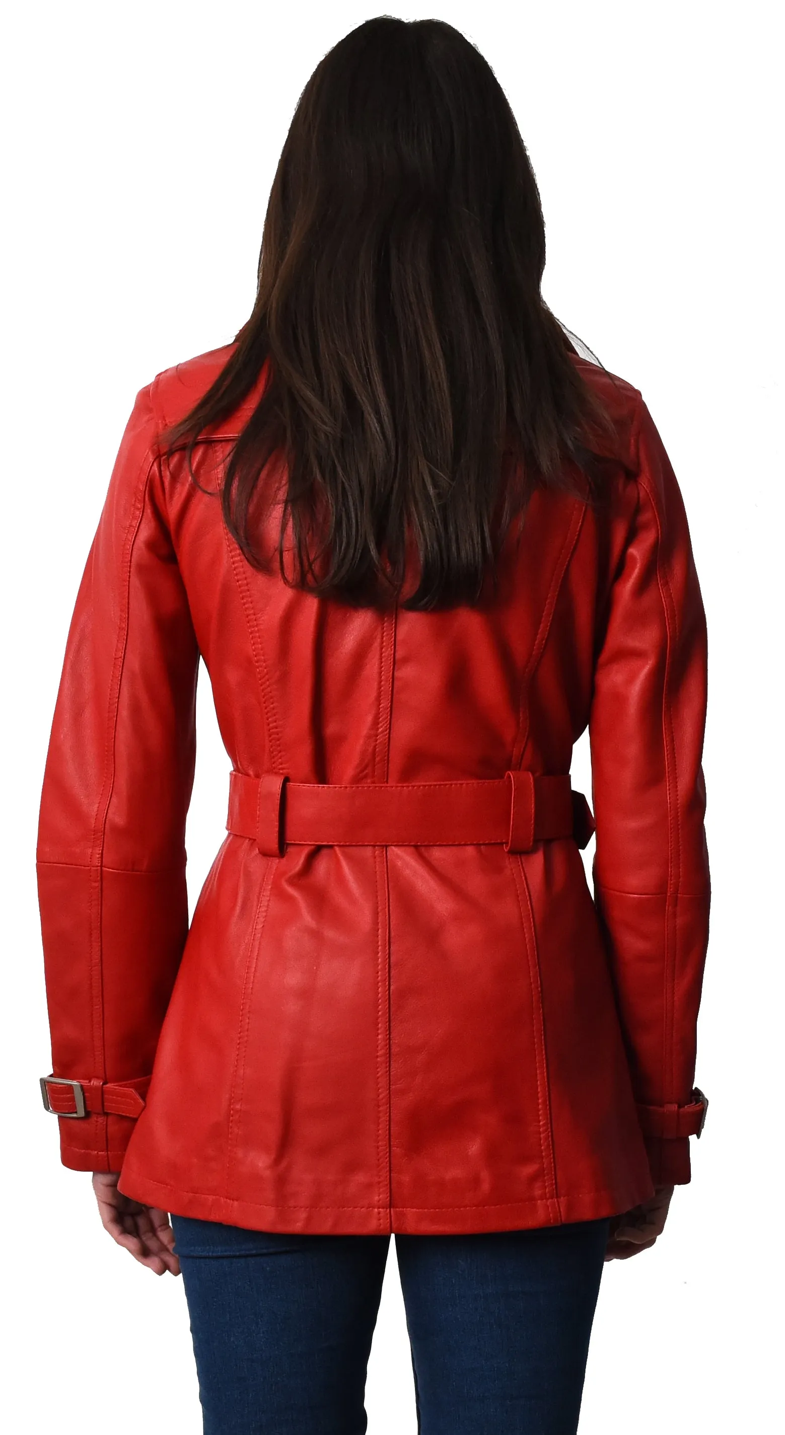 Women's Real Leather Buttoned Coat With Belt Red GlamTrench