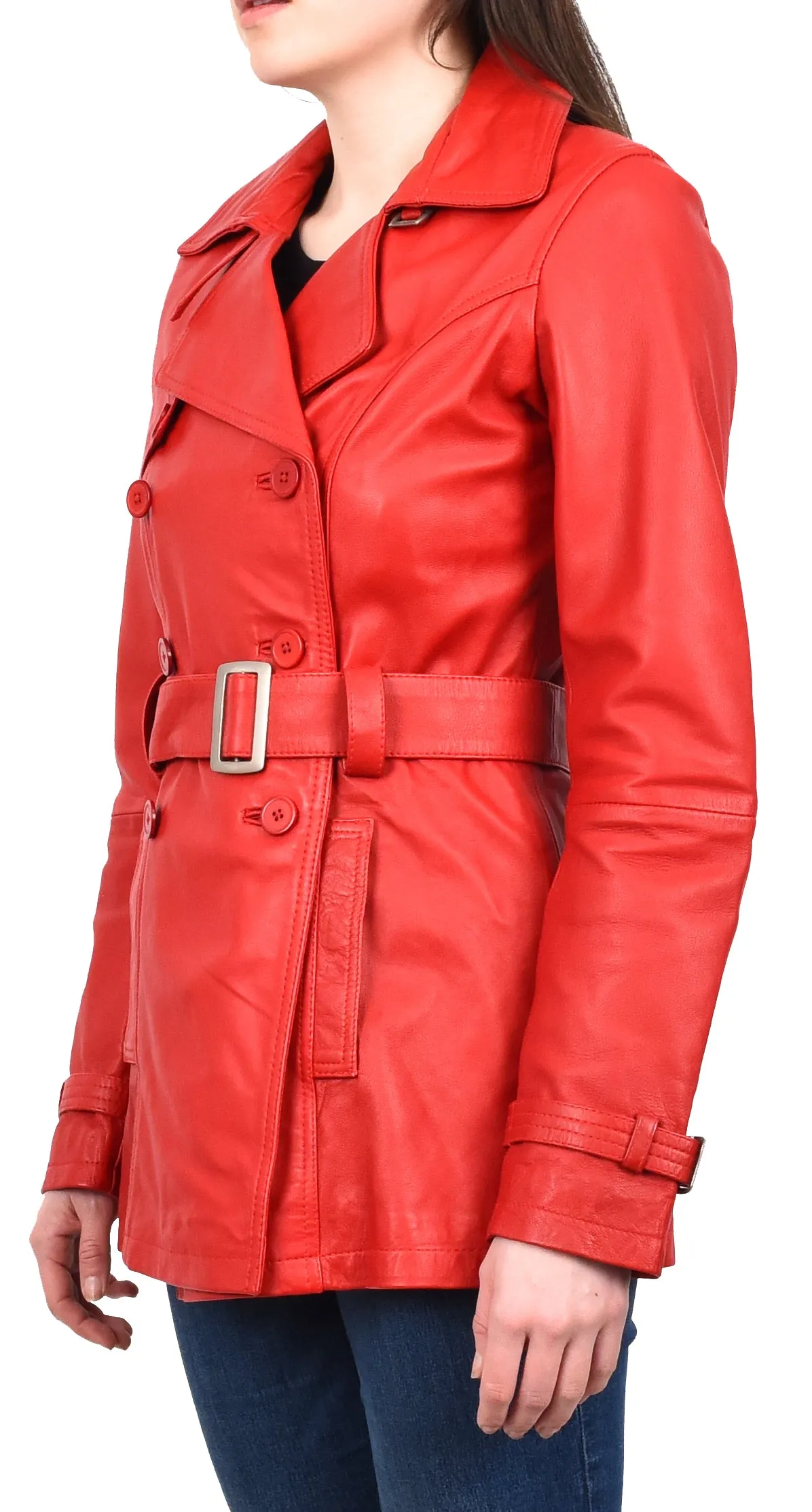 Women's Real Leather Buttoned Coat With Belt Red GlamTrench