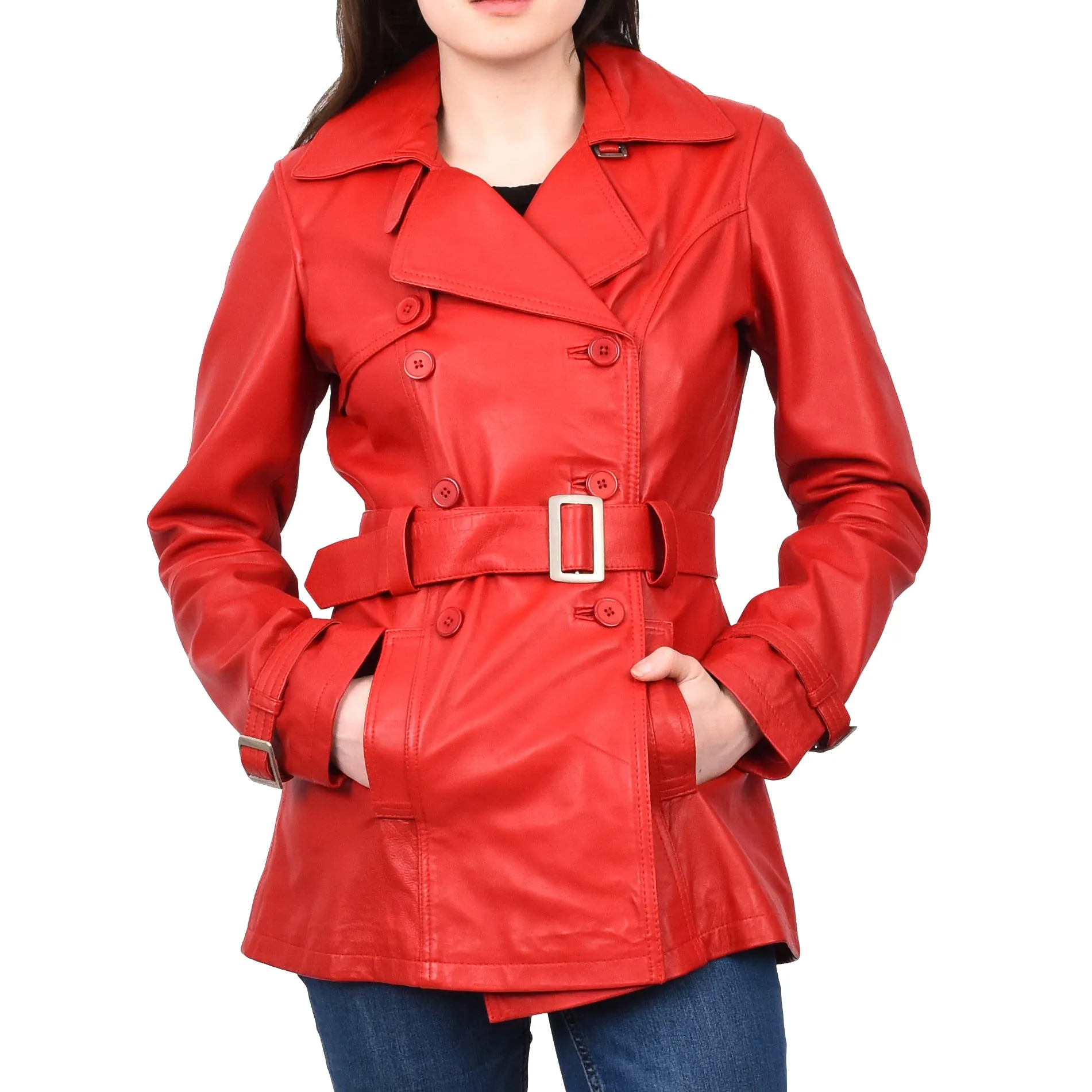 Women's Real Leather Buttoned Coat With Belt Red GlamTrench