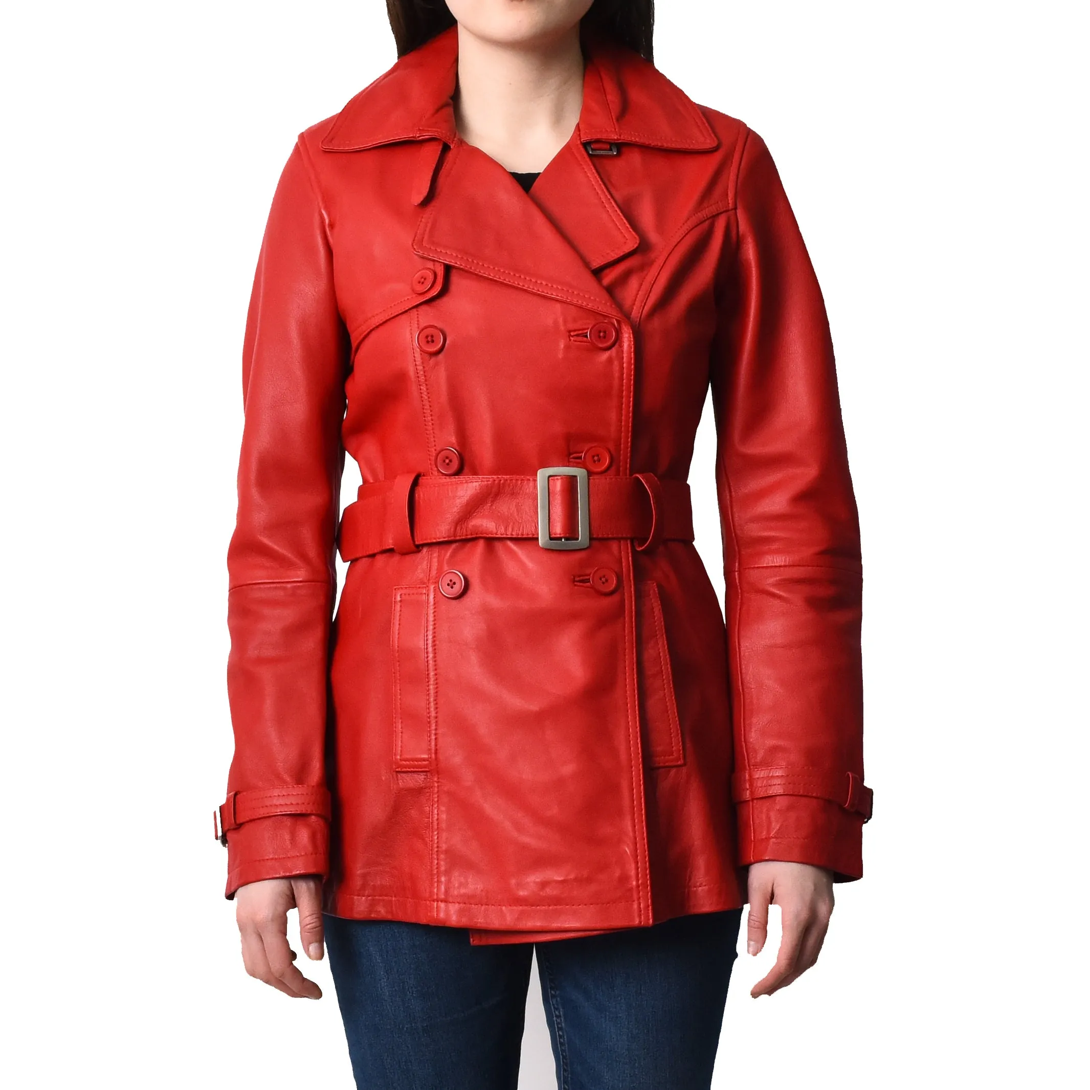 Women's Real Leather Buttoned Coat With Belt Red GlamTrench