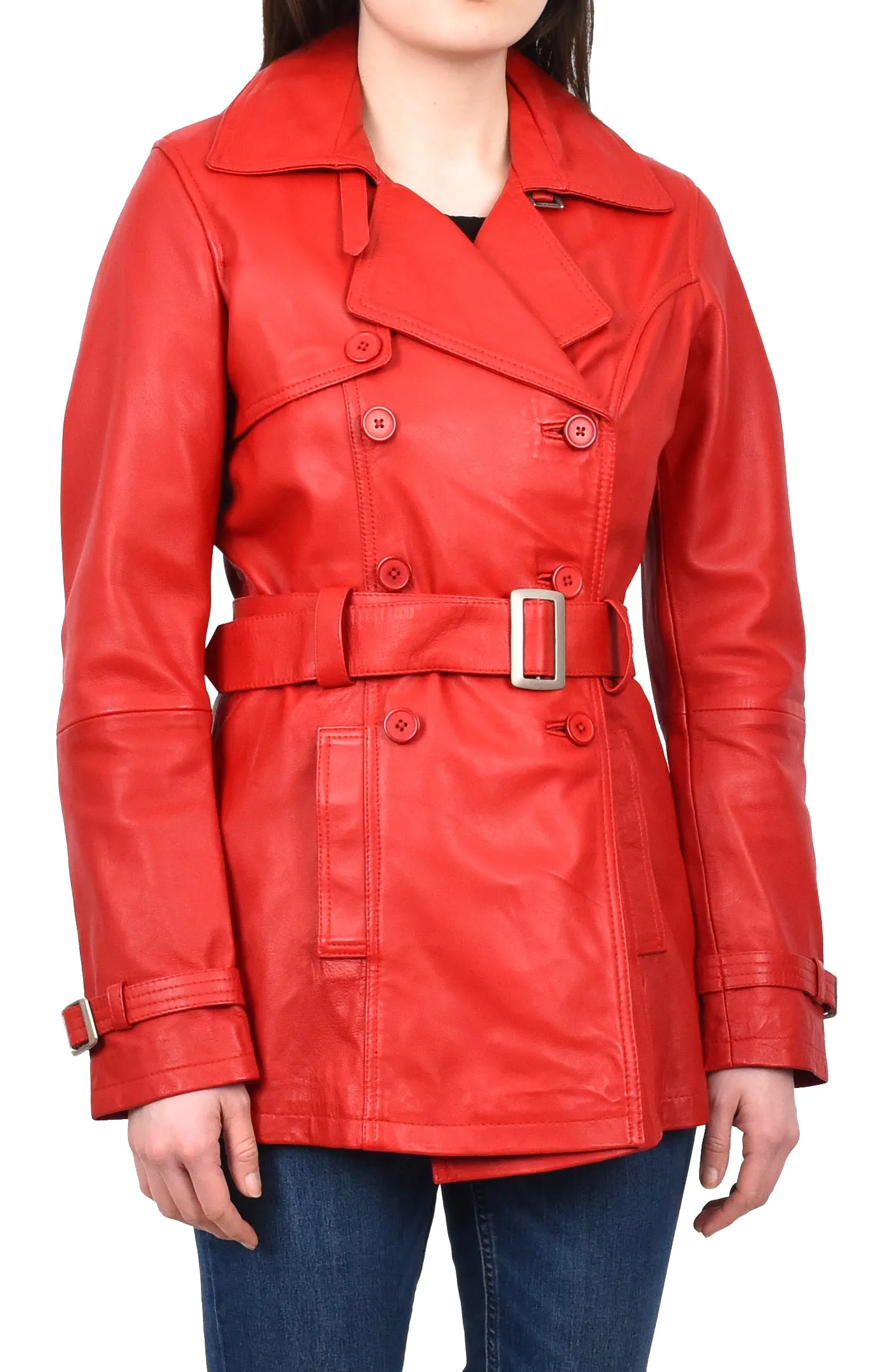 Women's Real Leather Buttoned Coat With Belt Red GlamTrench
