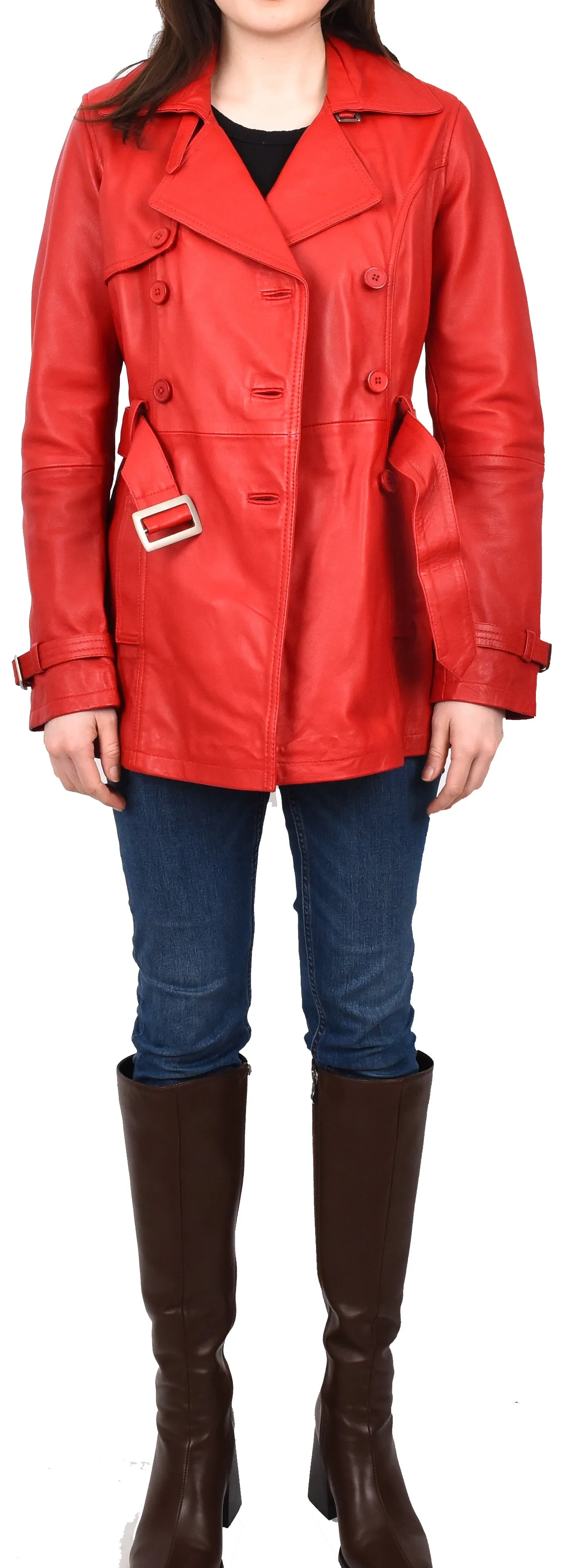 Women's Real Leather Buttoned Coat With Belt Red GlamTrench