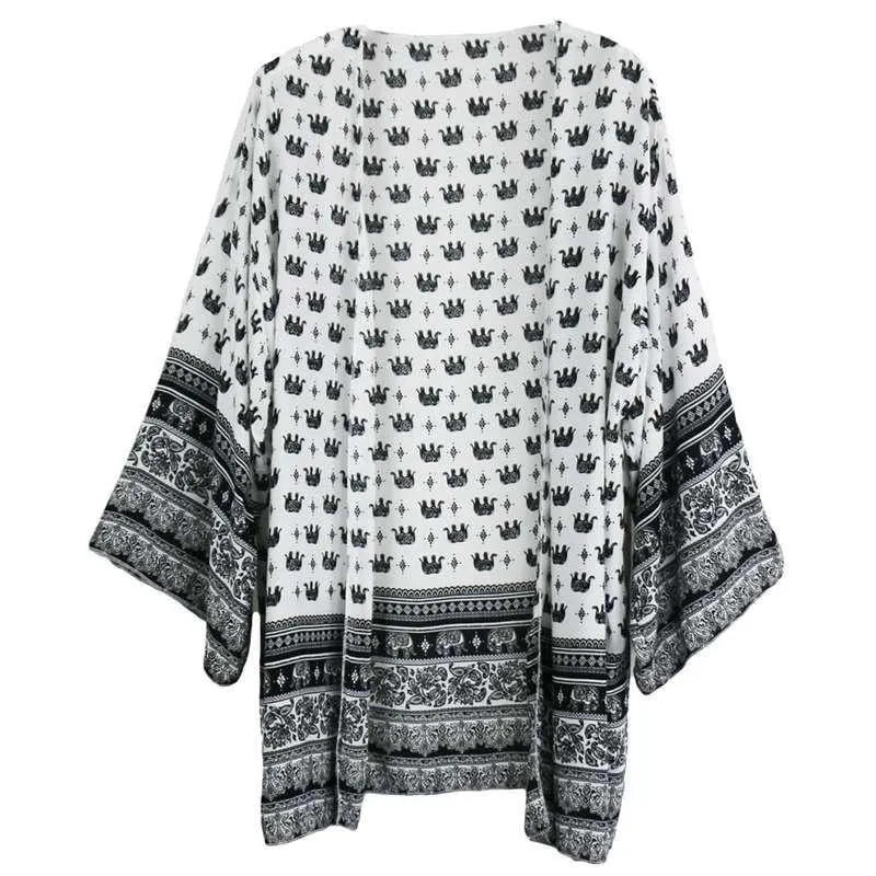 Womens Tops and Blouses Cardigan Women Elephant Print Clothing Beach Tribal Print Blouses K401