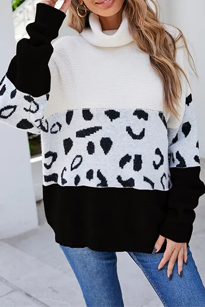 Xieyinshe Casual Leopard Patchwork Contrast Turtleneck Sweaters(3 Colors)