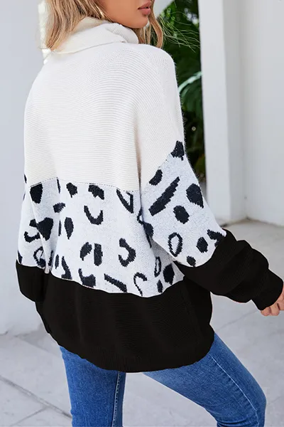 Xieyinshe Casual Leopard Patchwork Contrast Turtleneck Sweaters(3 Colors)