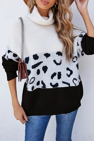 Xieyinshe Casual Leopard Patchwork Contrast Turtleneck Sweaters(3 Colors)