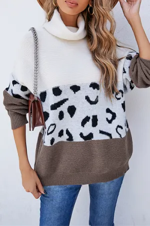 Xieyinshe Casual Leopard Patchwork Contrast Turtleneck Sweaters(3 Colors)