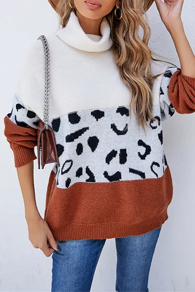 Xieyinshe Casual Leopard Patchwork Contrast Turtleneck Sweaters(3 Colors)