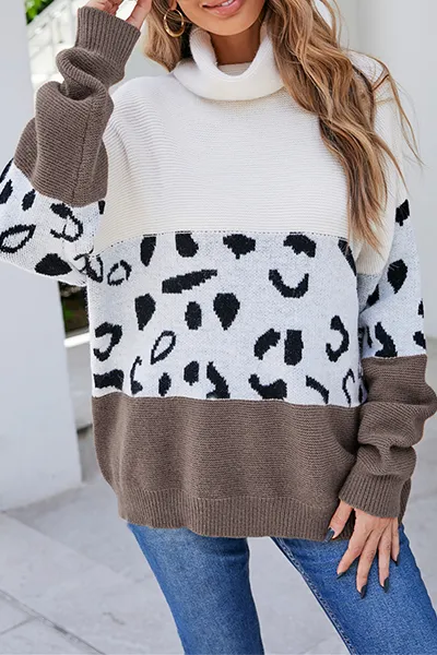 Xieyinshe Casual Leopard Patchwork Contrast Turtleneck Sweaters(3 Colors)