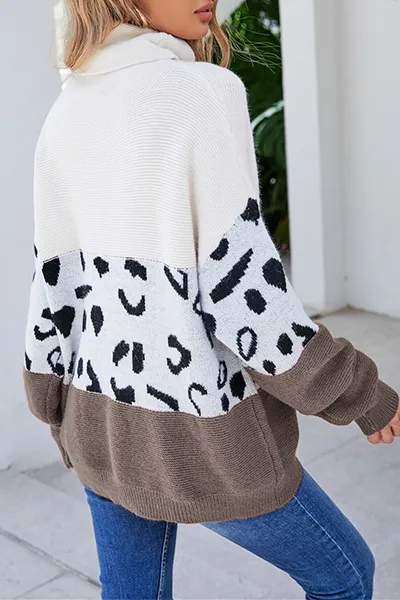 Xieyinshe Casual Leopard Patchwork Contrast Turtleneck Sweaters(3 Colors)