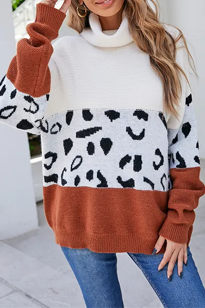Xieyinshe Casual Leopard Patchwork Contrast Turtleneck Sweaters(3 Colors)