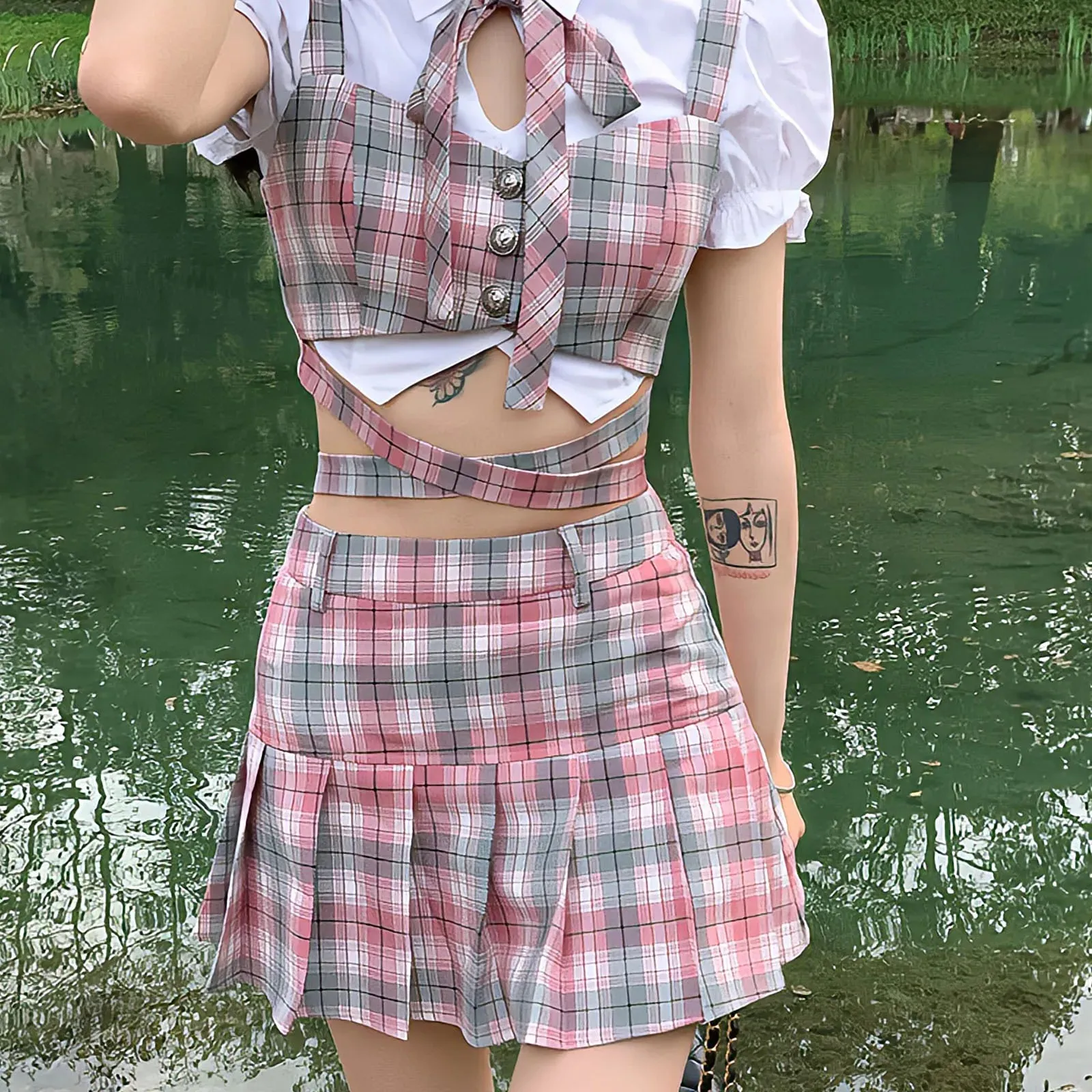 Y2k Fashion Korean Preppy Style Mini Skirts Women Clothing Blouse Summer Set White Pink Kawaii Harajuku Pleated Plaid Skirt
