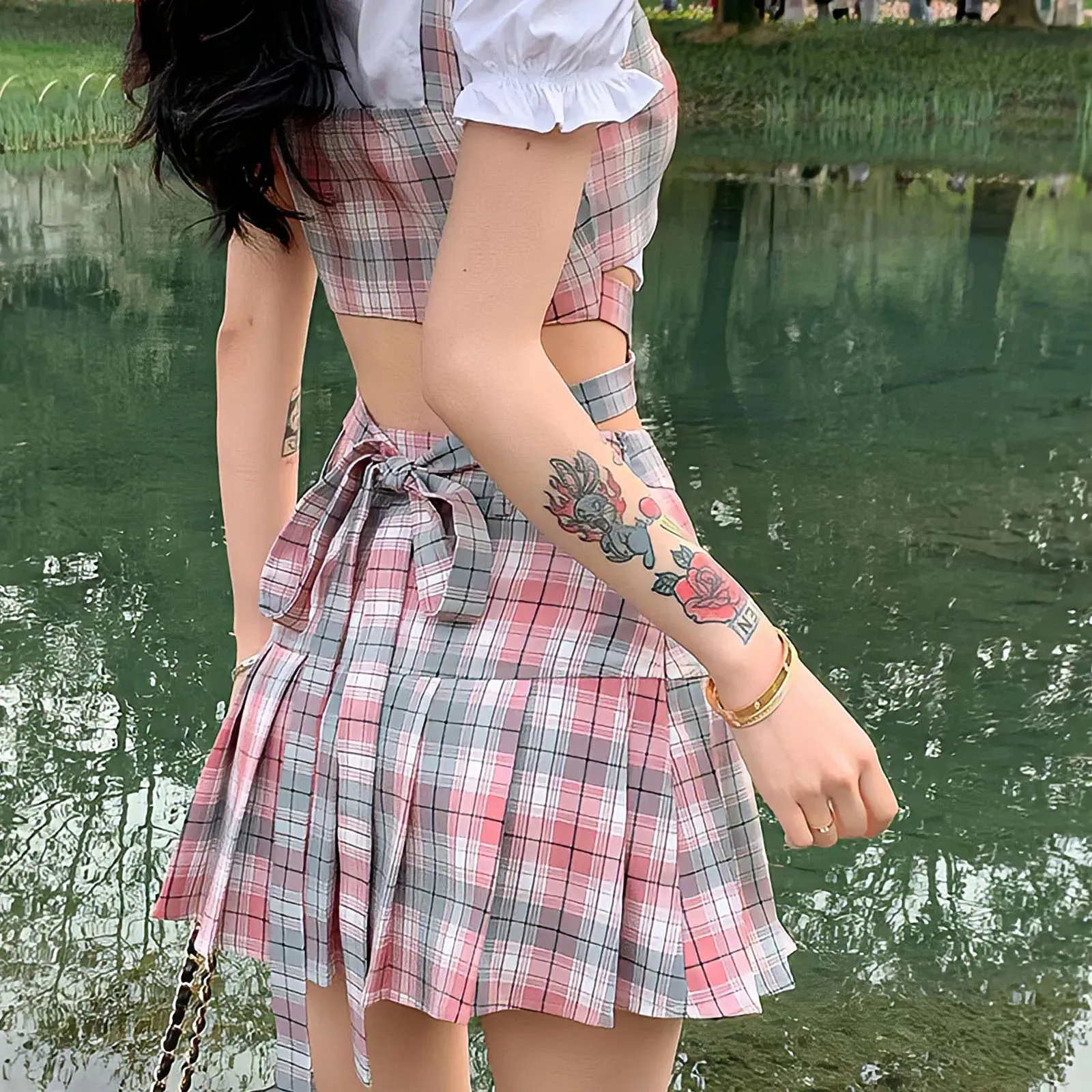 Y2k Fashion Korean Preppy Style Mini Skirts Women Clothing Blouse Summer Set White Pink Kawaii Harajuku Pleated Plaid Skirt