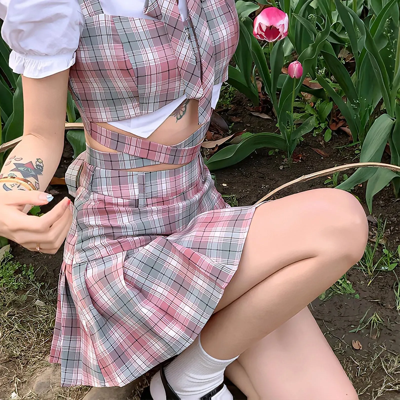Y2k Fashion Korean Preppy Style Mini Skirts Women Clothing Blouse Summer Set White Pink Kawaii Harajuku Pleated Plaid Skirt