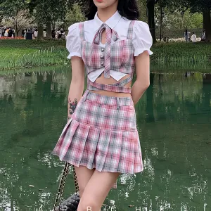 Y2k Fashion Korean Preppy Style Mini Skirts Women Clothing Blouse Summer Set White Pink Kawaii Harajuku Pleated Plaid Skirt