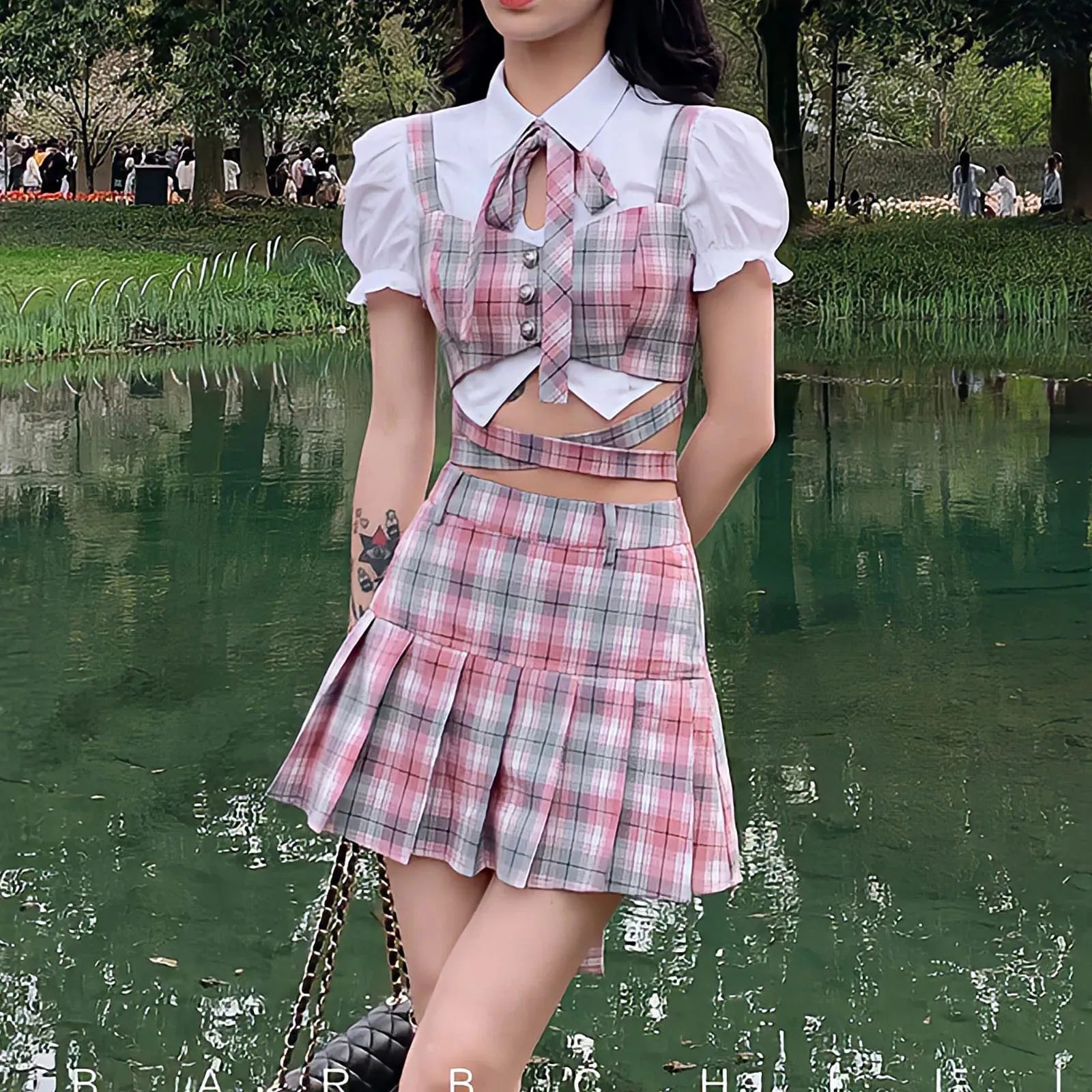Y2k Fashion Korean Preppy Style Mini Skirts Women Clothing Blouse Summer Set White Pink Kawaii Harajuku Pleated Plaid Skirt