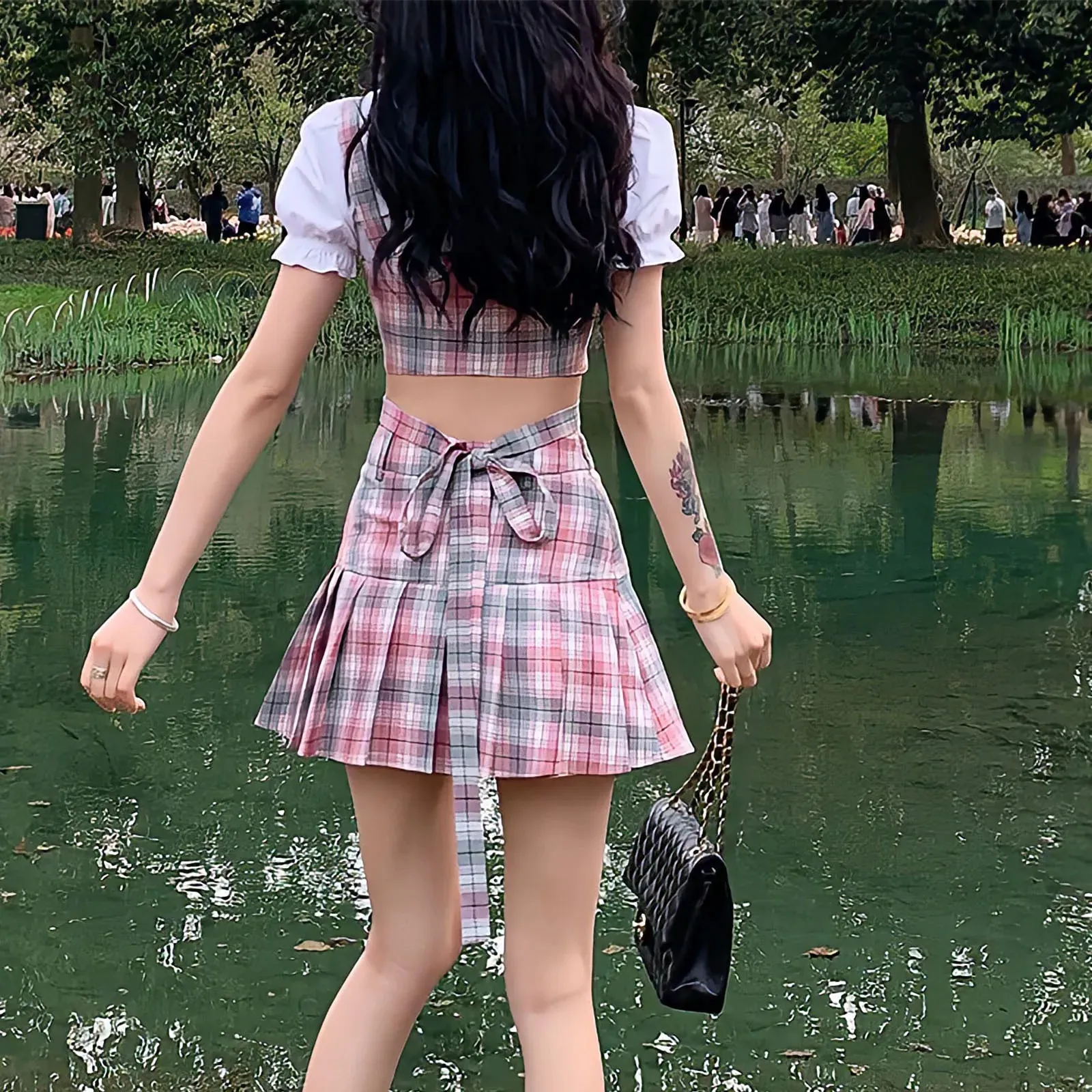 Y2k Fashion Korean Preppy Style Mini Skirts Women Clothing Blouse Summer Set White Pink Kawaii Harajuku Pleated Plaid Skirt