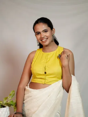 YELLOW SLEEVELESS HALTER NECK COTTON BLOUSE