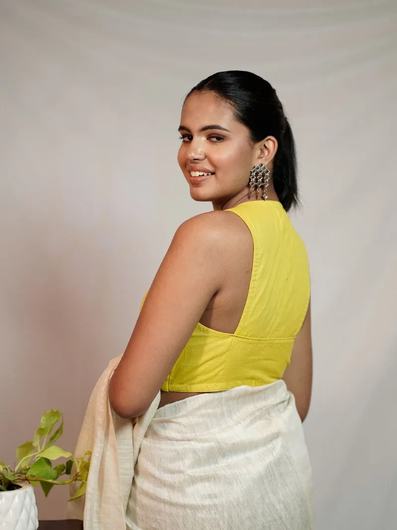 YELLOW SLEEVELESS HALTER NECK COTTON BLOUSE