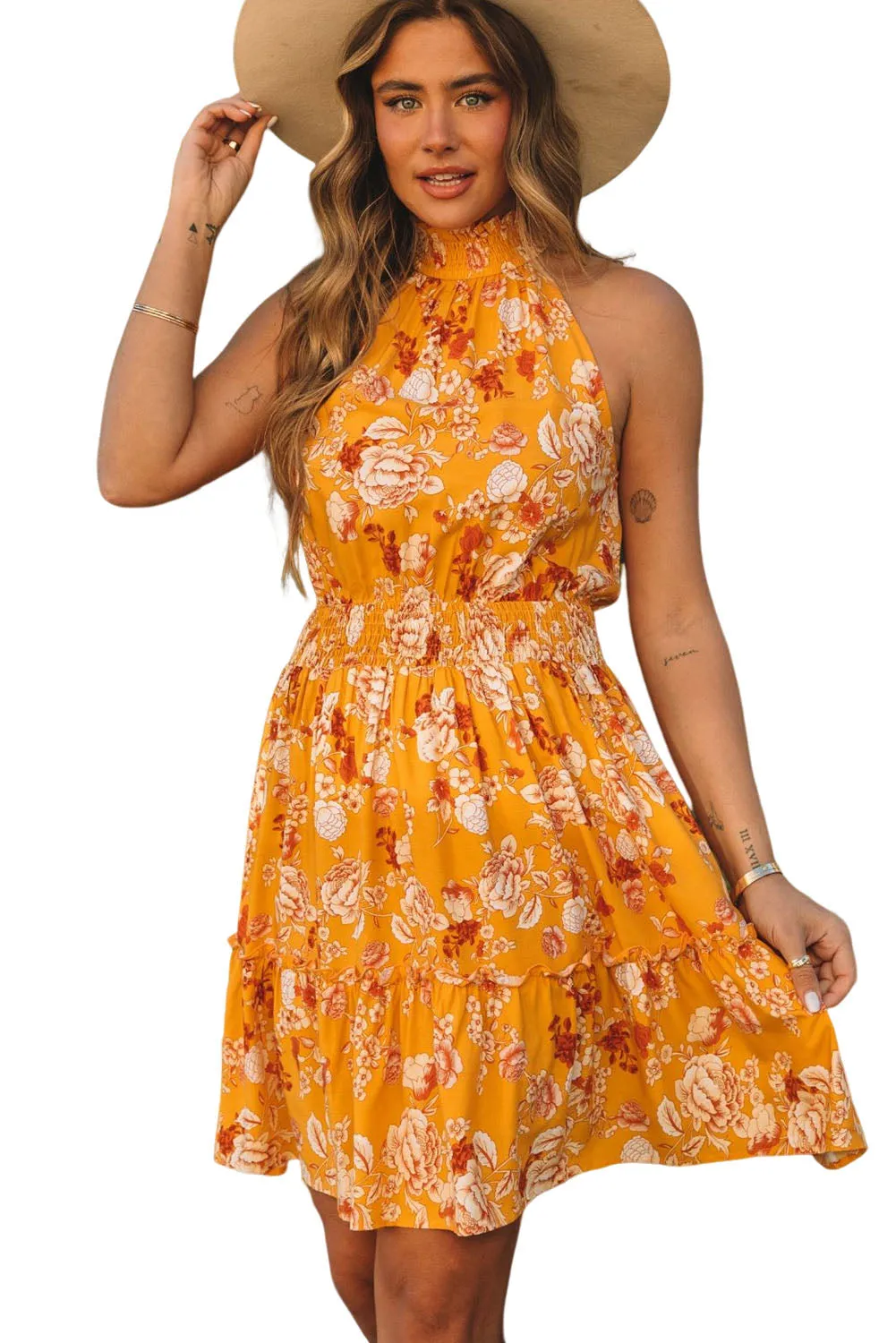 Yellow Sleeveless Smocked Waist Floral Dress