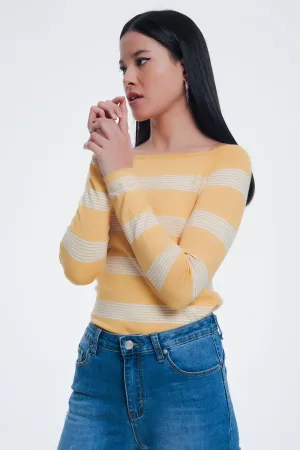 yellow striped sweater with boat neck