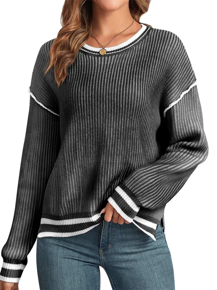 ZAFUL Women's Fall Sweaters Ribbed Knit Striped Color Block Sweater Casual Long Sleeve Crewneck Trendy Pullover Tops